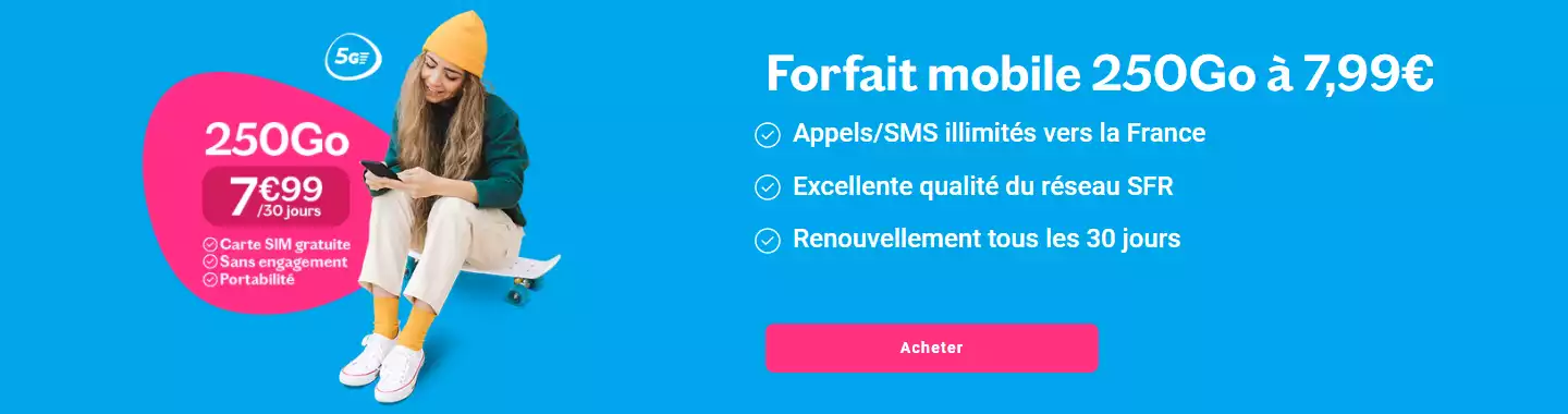 Forfait Lebara Mobile 250Go Appels, SMS illimités à 7.99€